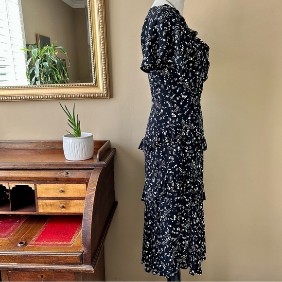 JOIE Orita Caviar Black Ruffled Floral Midi Dress Tiered Surplice V-Neck Size 6 - Picture 10 of 16